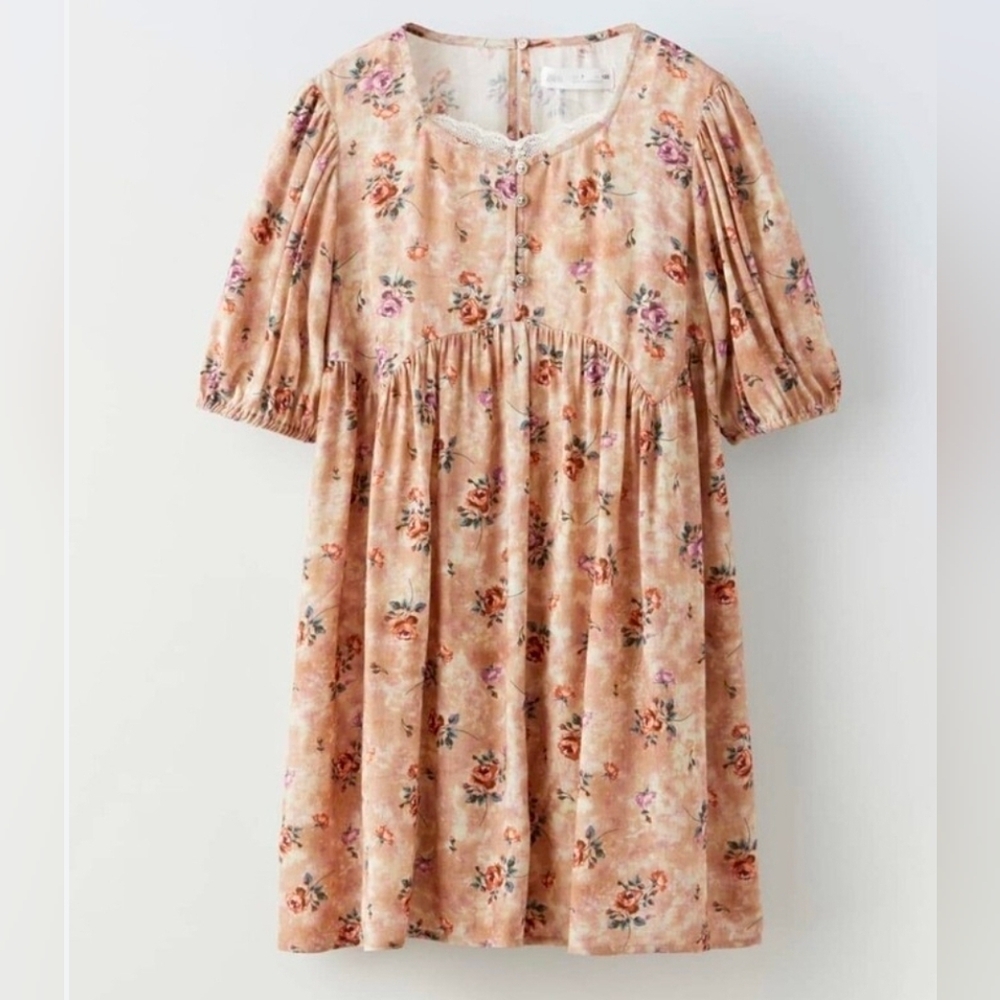 Zara | Peach Floral Puff-Sleeve Dress